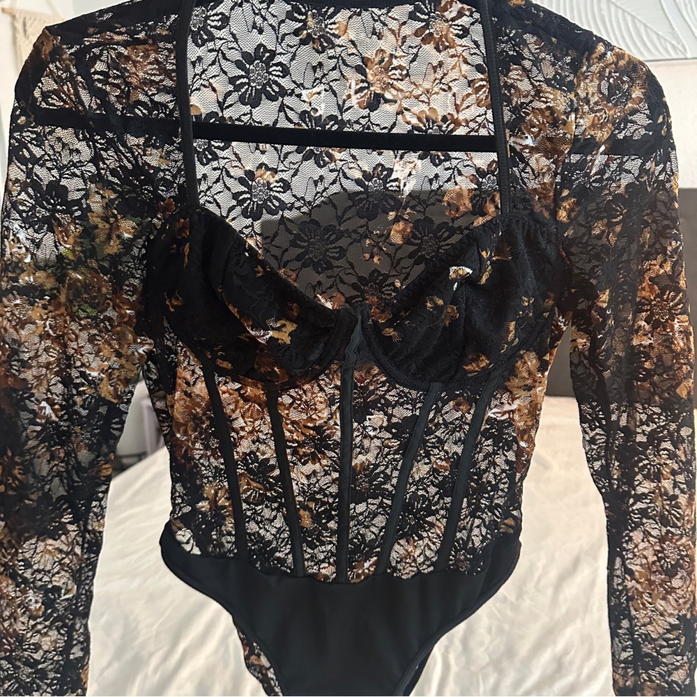 SHEIN Black Long Sleeve Bustier Bodysuit